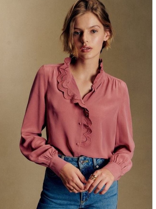Sezane Tops - Sezane Rose-Pink Scalloped Ruffle Blouse